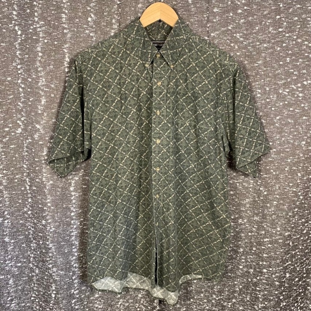 David Taylor Fish Pattern Short Sleeve Button Up Shirt Olive Green Men's Large
